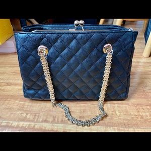 Black Faux Leather Bag w Metal Chain